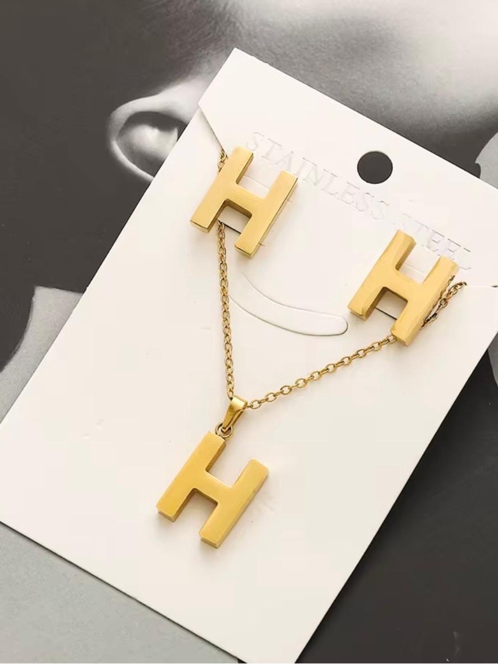 Gold H Pendant Necklace and Earring Set - Women Jewelry